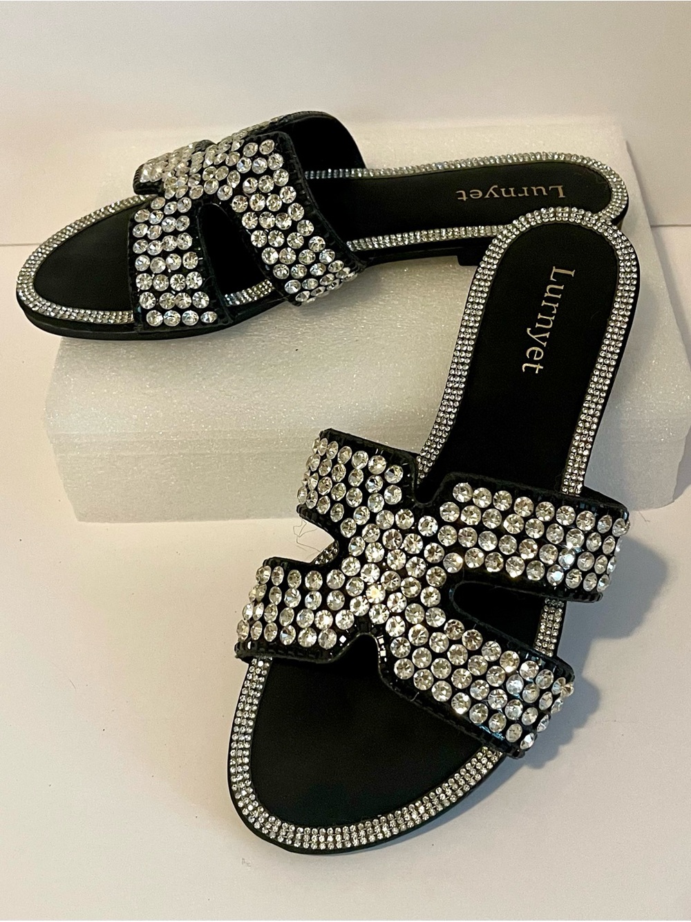 Black Crystal Rhinestone Embellished Slide Sandals